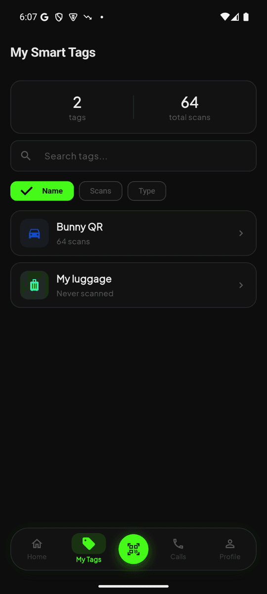 My tags list in QRSprint app