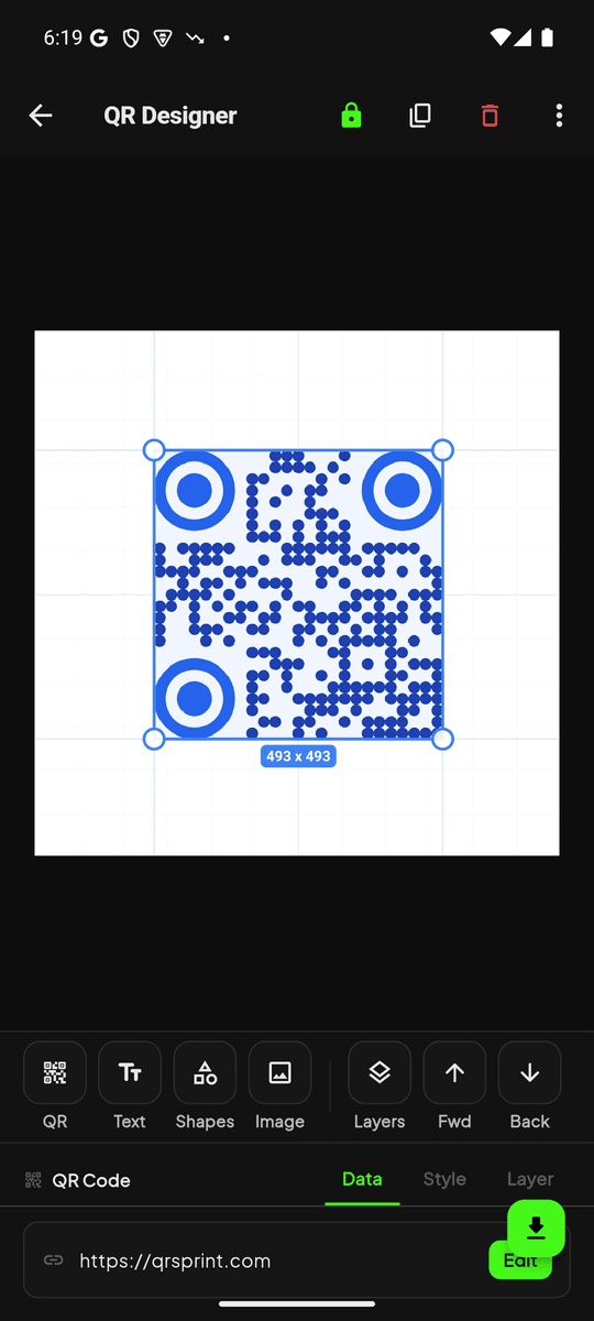 QR Designer app screen showing custom branded QR code with logo