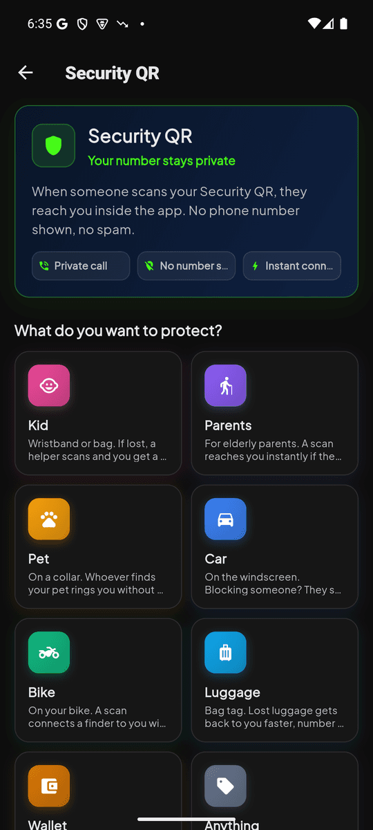 Security QR type picker with Kid, Pet, Car, Bike, Luggage, Parents options